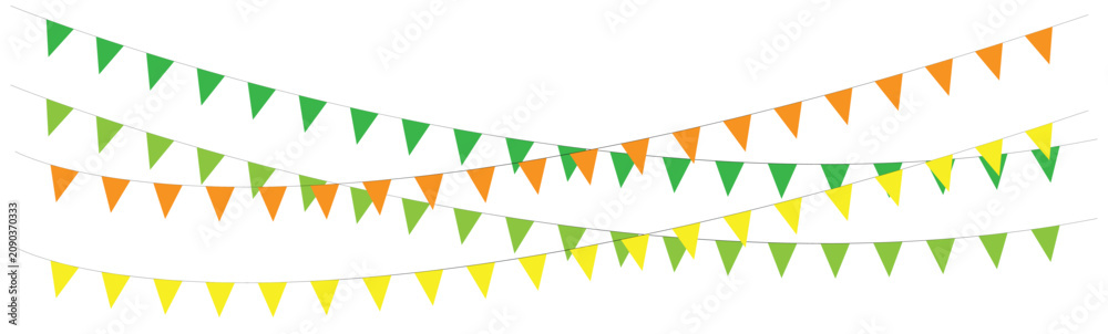 Obraz premium Orange and green bunting garlands crossing over white background for festive compositions