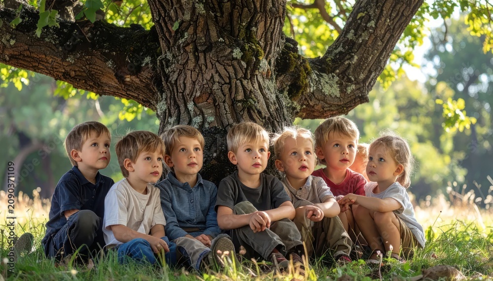 Fototapeta premium Group of young children sitting together under a large oak tree, looking up in wonder