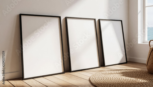 Three Blank Vertical Poster Frame Mockup Set Modern Home Interior