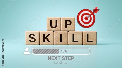 Upskill Wooden Blocks with Target Dart Progress Bar and Loading Next Step Text Professional Development Concept