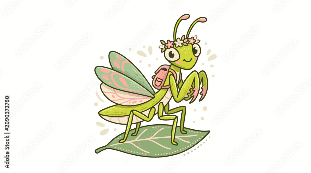 Fototapeta premium Cute Green Grasshopper with Flower Crown and Pink Backpack on a Leaf