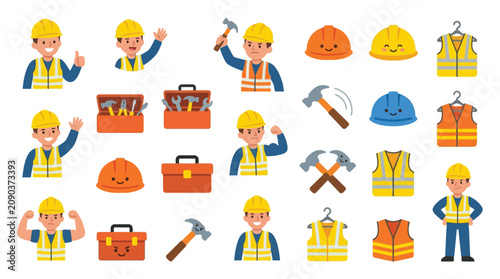 Construction worker icons and elements, including tools, safety vests, and hard hats, presented in a flat design style.