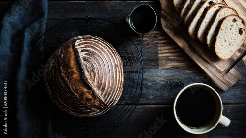 Freshly baked bread and coffee on wooden table.