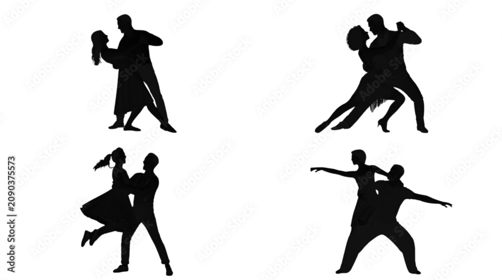 Obraz premium A stylish black silhouette of a man and woman performing a graceful ballroom dance, showcasing classic dance moves with elegance and rhythm. Perfect for dance-themed projects, romantic concepts, or ar