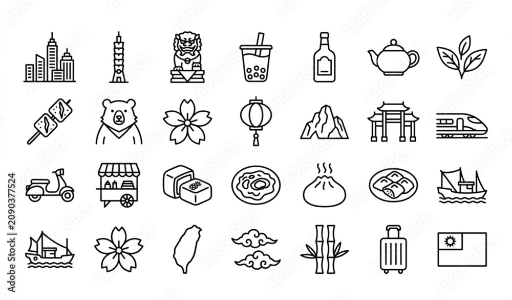 Fototapeta premium Taiwan Travel and Culture Thin Line Icon Set with Taipei Bubble Tea Temple Food and Landmark Symbols