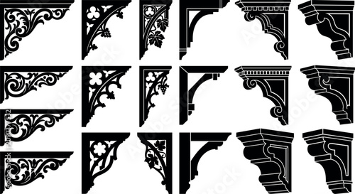 Foto Vintage architectural corbel collection featuring black silhouettes of ornate ba