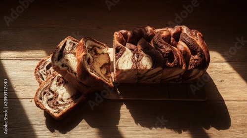 Freshly baked bread on wooden table.