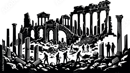 Bild auf Leinwand Ancient archaeological dig site illustration featuring black silhouettes of roma
