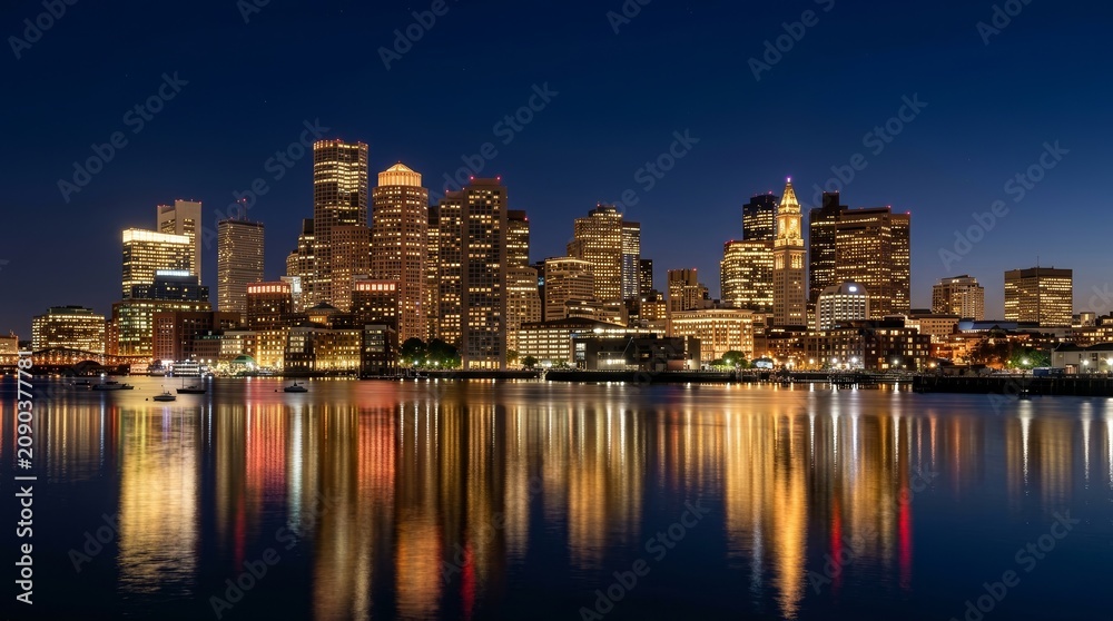 Fototapeta premium Boston city skyline panorama at night with city lights reflecting on the water.