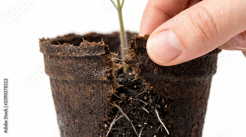 Hand tearing the rim of a biodegradable peat pot before planting