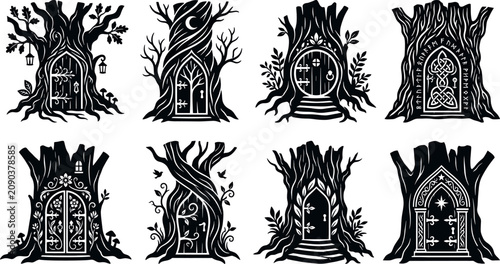Foto Fantasy fairy tree doors collection featuring black vector silhouettes of enchan