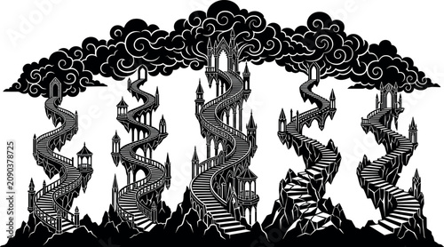 Quadro su tela Fantasy winding stairs to heaven illustration featuring black silhouettes of sur