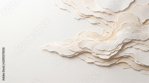 Professional abstract background featuring organic layers of torn cream paper creating a unique 3d wavy texture perfect for minimalist web design or print projects