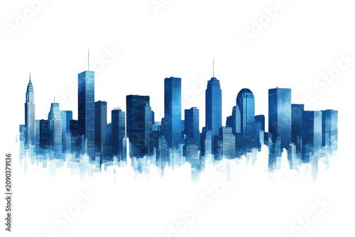 Silhouette Crowd Reflected Below Glowing Blue Skyscraper Cityscape Night Scene skyline buildings, Isolated on Transparent Background