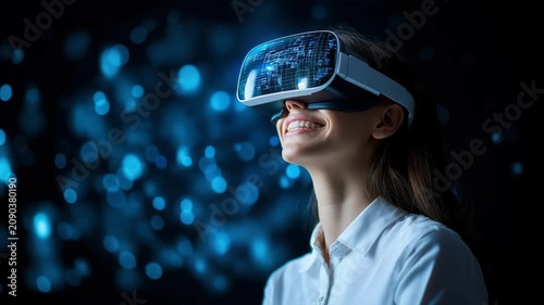 Virtual reality headset woman smile technology digital blue light immersive innovation