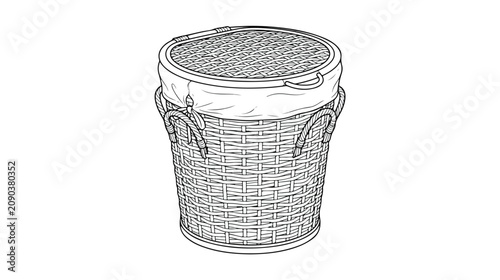 Fotografía Wicker laundry basket vector illustration, hand-drawn woven hamper with fabric l