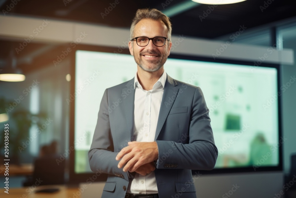Obraz premium A man presenting company profile on TV screen in the meeting room glasses office adult.