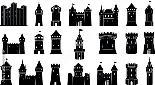Foto Medieval castle tower and fortress collection featuring black silhouettes of his