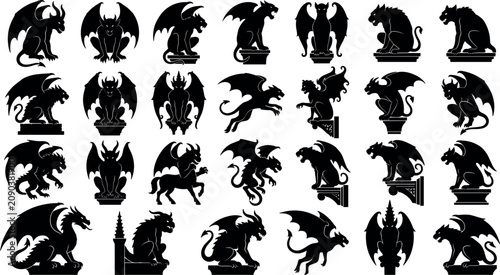 Tableau sur toile Gothic gargoyle stone statue collection featuring detailed black silhouettes of