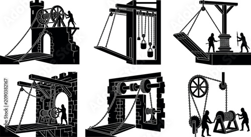 Foto Medieval castle drawbridge mechanism collection featuring black silhouettes of h