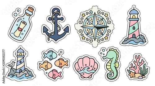 Nautical ocean sticker pack with lighthouse anchor compass and message bottle ideal for marine greeting cards