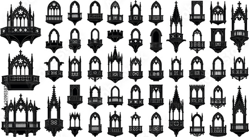 Obraz na płótnie Vintage gothic balcony collection featuring detailed black silhouettes of mediev