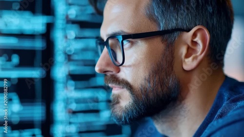 Adult man eyeglasses profile technology focus in digital server office portrait