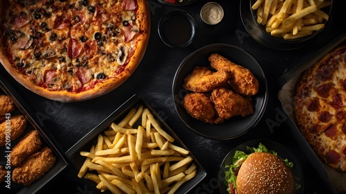 Delicious fast food spread with pizza, chicken wings, french fries, and a burger.