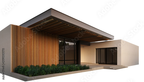 Modern building facade with vertical wood slats and cantilevered flat roof isolated on transparent background