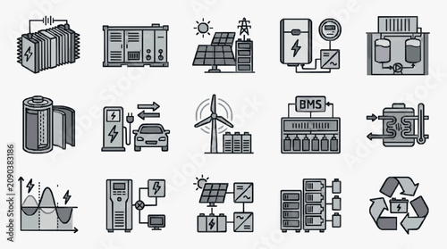 Corporate Infographic Showcasing Modern Energy Storage Solutions and Renewable Energy Systems in Monochromatic Style