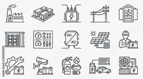 Industrial Black and White Line Icons Set Featuring Power Generation Electrical Systems Safety and Technology