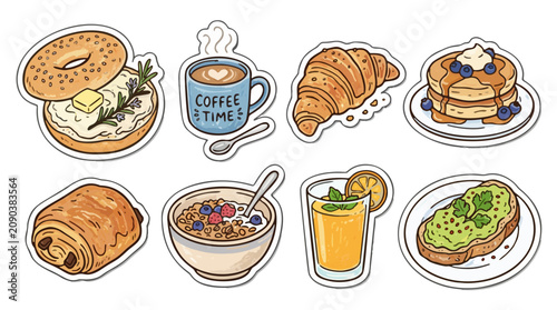 Healthy morning breakfast food sticker pack with cream cheese bagel pancakes and hot coffee vector illustration