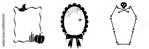 Set of hand drawn doodle Halloween frames. Coquette ribbon bow, bats, skull and bones border, candy, candles. Spooky vector graphic decoration for greeting cards, party invitations.