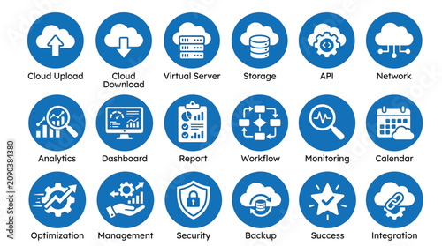 Cloud computing icons show data flow.
