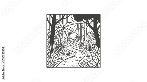 Creative Black and White Forest Pathway with Trees Plants and Winding Trail with high quality professional line art symbols for modern creative design and digital branding projects