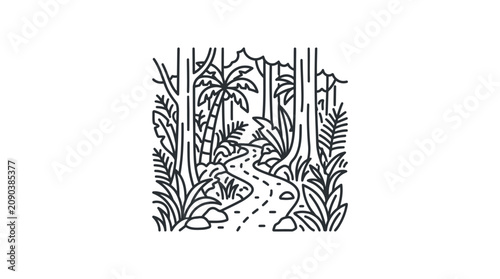 Creative Black and White Jungle Scene with Elephant and Palm Trees Minimalist Line Art Design with high quality professional line art symbols for modern creative design and digital branding projects