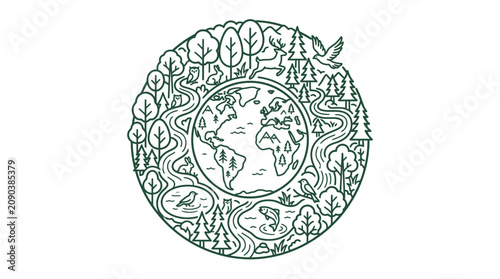Creative Black and White Line Art Globe Surrounded by Forest Wildlife and Nature Elements with high quality professional line art symbols for modern creative design and digital branding projects