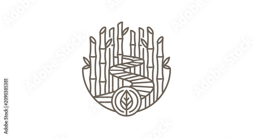 Creative Black and White Line Art Logo Featuring Bamboo Stems Blocks and a Circular Symbol with a Flame Design