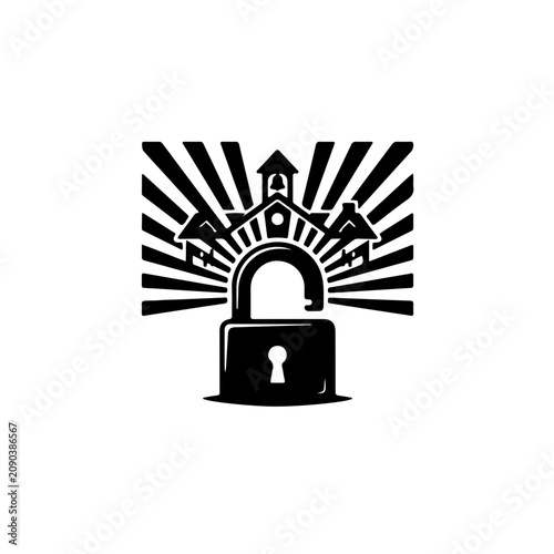 Conceptual black and white icon of an open padlock emitting sunrise-like rays that form the silhouette of a school roof, symbolizing hope and education as a bright new beginning.
 