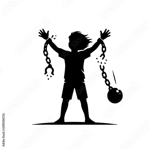 Black and white silhouette of a child standing tall, breaking free from heavy iron shackles and chains, conceptual image of liberation and hope.
 