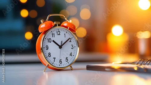 Clock Alarm Candle Notebook on Desk with Orange Warm Bokeh Light