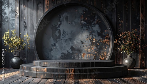 Industrial style stage podium with circular backdrop and potted plants, atmospheric lighting, dark wood texture, and scattered golden particles, suitable for product display and events