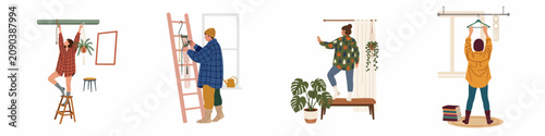 Collection of illustrations showing people decorating their homes with macrame, plants, and handmade crafts for a cozy and stylish interior design.