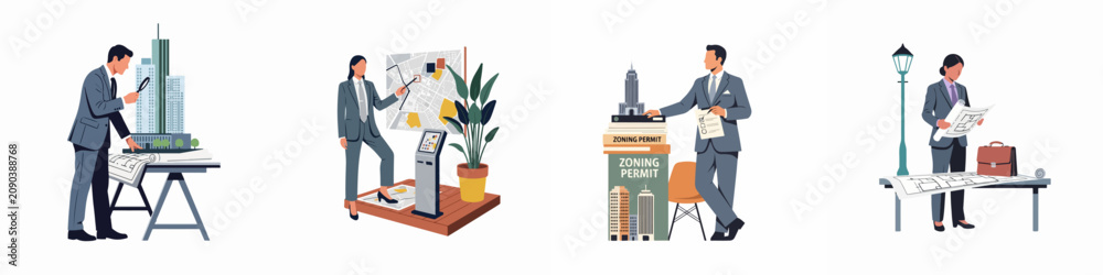 Fototapeta premium Set of illustrations depicting professional urban planners, architects, and designers working on city development projects, zoning permits, and architectural blueprints.