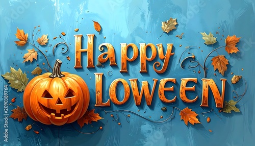 Happy Halloween pumpkin carved with smiling face and autumn leaves on a textured blue background with pixelated effect