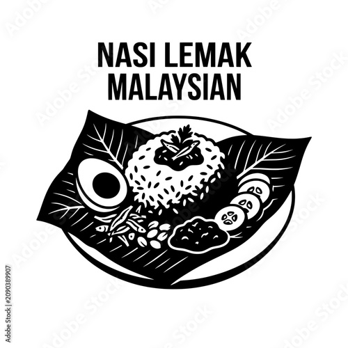 Traditional Malaysian Nasi Lemak Dish Illustration Black and White.