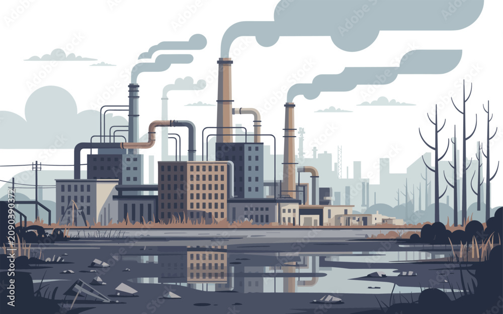 Obraz premium Polluted industrial area with factories emitting smoke near a dirty river and dead trees.