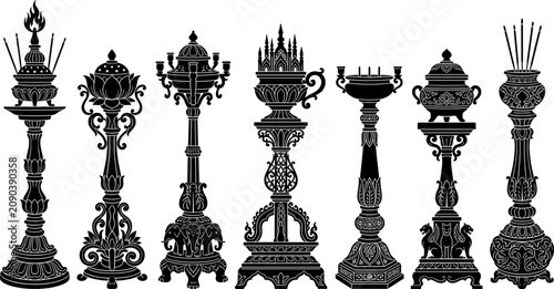 Foto Traditional oriental altar stands featuring black silhouettes of ornate Buddhist