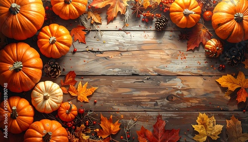 Harvest autumn arrangement with vibrant pumpkins, colorful fall leaves, pinecones, and scattered confetti on weathered wood, seasonal celebration backdrop