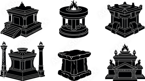Quadro su tela Ancient ritual altar collection featuring black vector silhouettes of sacred sac